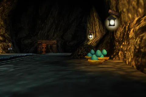 A Blue Egg Nest beside a lamp-lit underground waterway