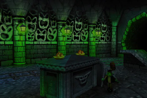 Banjo and Kazooie beside two Fire Egg nests in a green-lit stone room