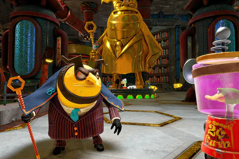 Capital B beside Dr. Quack and his golden statue in Hivory Towers.