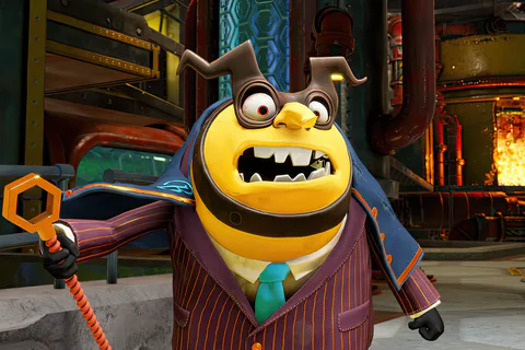 An angry Capital B holding his honeycomb-topped cane.
