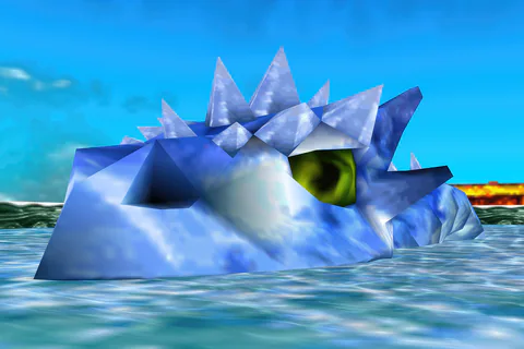 Chilly Willy watching from his icy summit pool with his green eye above the water