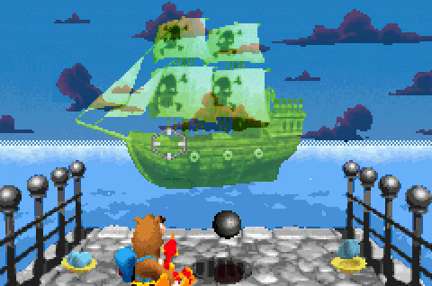 Ghost Pirate’s translucent sailing ship appearing beyond the stone dock