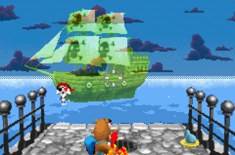 The red-bandanna skull captain appearing beside the left side of his ship