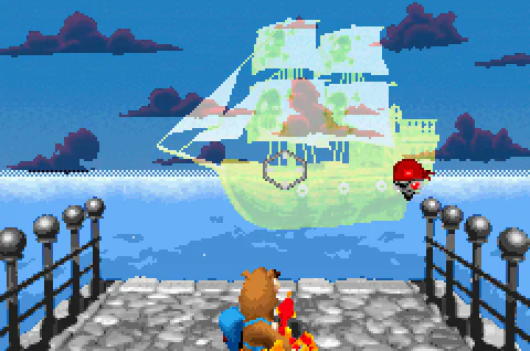 The aiming reticle tracking Ghost Pirate beside the stern