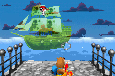 Ghost Pirate appearing high in front of the skull-and-crossbones sails