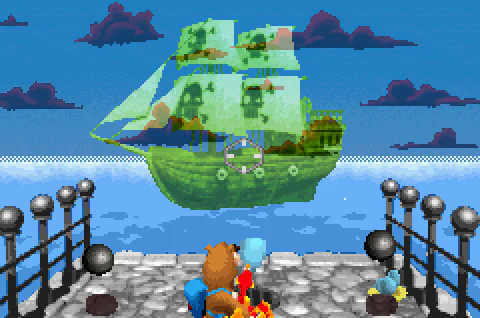 A black cannonball approaching Banjo and Kazooie from the ghost ship
