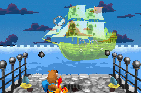 A spread of cannonballs crossing the dock during a later volley
