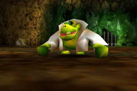 Klungo facing Banjo and Kazooie in the first tunnel arena