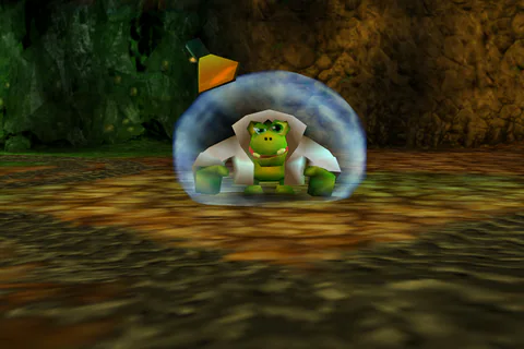 Klungo protected by a spherical blue shield during his first encounter