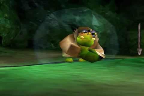 An enlarged Klungo bounding forward after drinking the growth potion