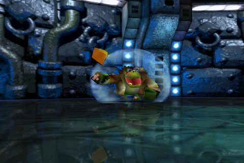 Klungo raising his shield in the Gatehouse during the final Tooie encounter