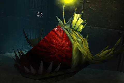 Lord Woo Fak Fak showing his huge red mouth, long pointed teeth, green body and glowing lure