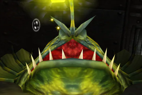 Lord Woo Fak Fak facing forward with his yellow lure shining over his closed eyes and open mouth