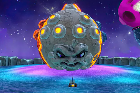 Planette facing the ship with glowing craters across her surface.