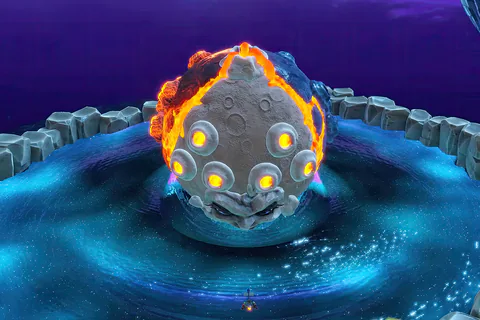 Planette above the water in her asteroid-ring arena.