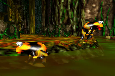Two Yellow Flibbits hopping around the stump island