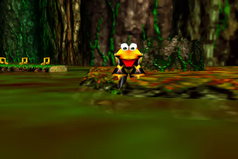 A Yellow Flibbit faces the bank from the island’s edge