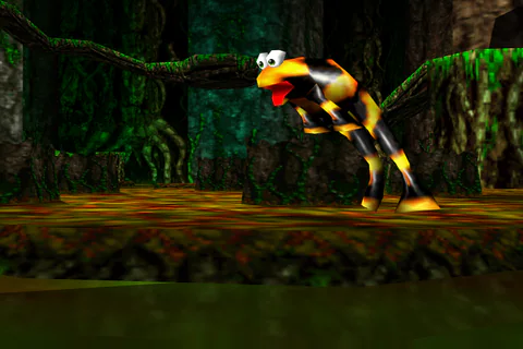 A Yellow Flibbit in mid-hop above the leaf-covered ground