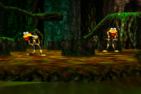 Yellow Flibbits turn and hop between the tree stumps