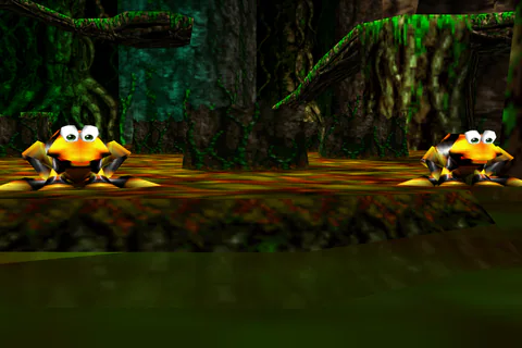 Two Yellow Flibbits crouch beside hollow stumps