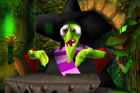 Gruntilda pointing from a window of her lair in Banjo-Kazooie.