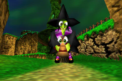 Gruntilda carrying Tooty outside her lair in Banjo-Kazooie.