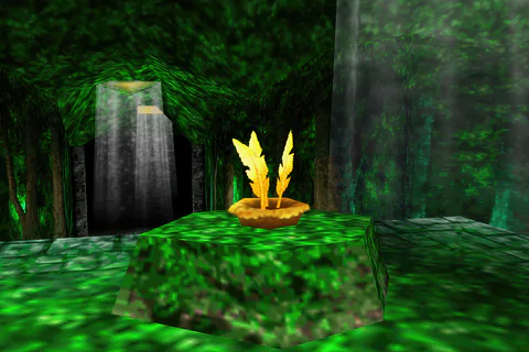 A Gold Feather Nest on a mossy platform beside a stone archway