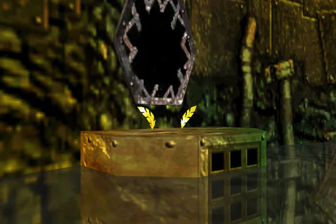 Two Gold Feathers on a metal ledge beneath a wall opening