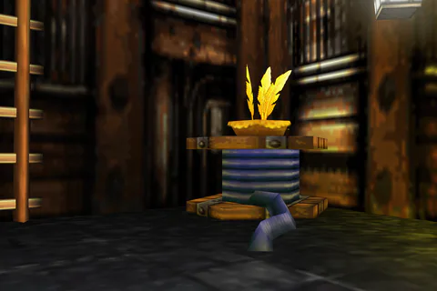 A Gold Feather Nest on a raised platform among industrial pipes