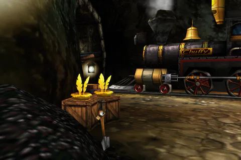 A Gold Feather Nest on wooden crates beside Chuffy in an underground station