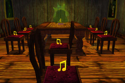 Musical Notes on the wooden church pews in Mad Monster Mansion