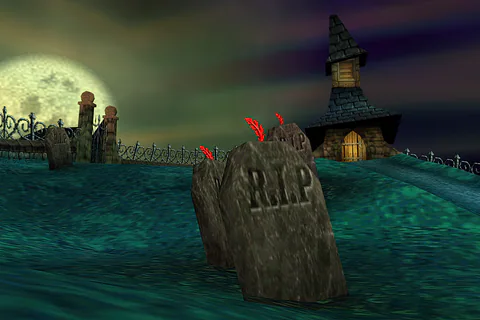Red Feathers above a gravestone in Mad Monster Mansion’s graveyard