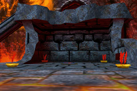 Red Feathers on a stone platform above lava in Gruntilda’s Lair