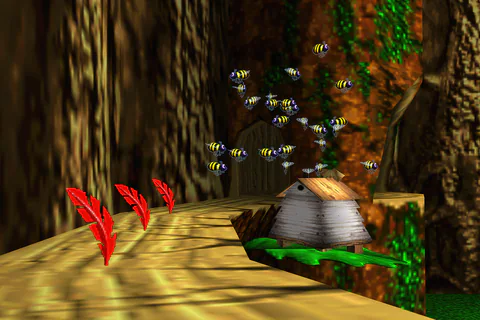 Red Feathers beside a wooden tree-platform route in Click Clock Wood