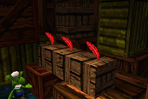 Red Feathers on top of stacked cargo crates inside the Rusty Bucket