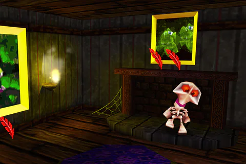 Red Feathers above a wooden shelf in a haunted room