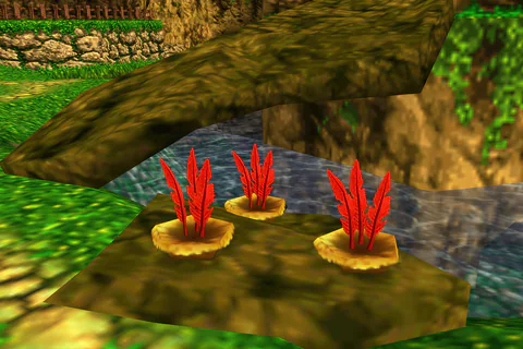Red Feather nests on a grassy ledge above water