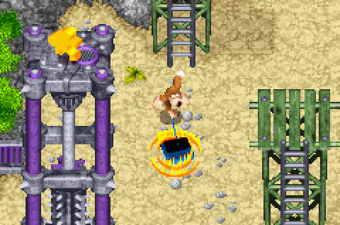 Banjo confronting Mecha-Grunty beside Kazooie's cage in Grunty's Quarry.