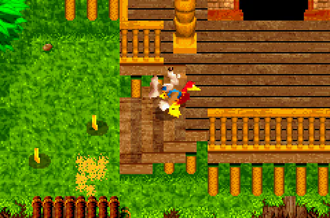Banjo and Kazooie crossing a wooden platform beside a large treehouse.