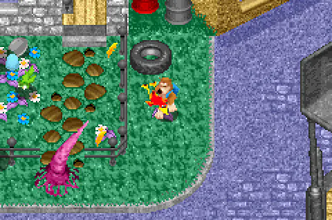 Banjo and Kazooie beside a fenced garden and tire in Spiller's Harbor.