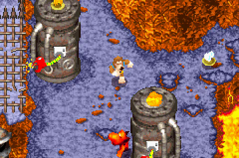 Banjo near egg-operated machinery in the lava-filled industrial area of Freezing Furnace.