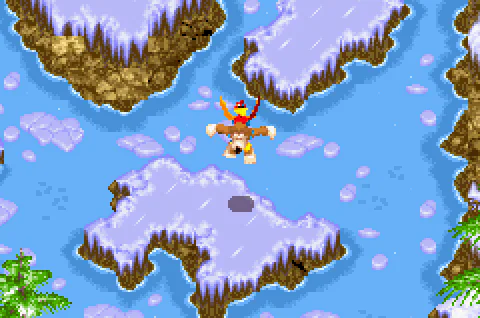 Banjo and Kazooie jumping between icy ledges in Freezing Furnace.