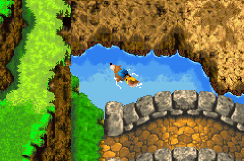 Banjo swimming in a pool beneath a stone bridge.