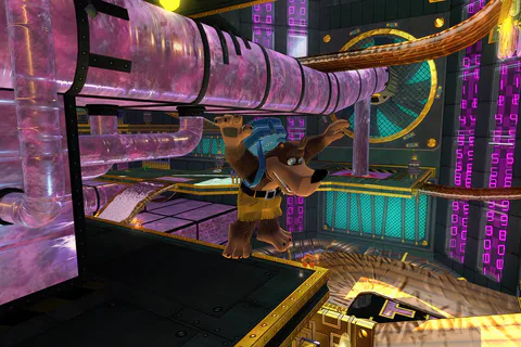 Banjo and Kazooie exploring the pipes inside LOGBOX 720 on foot.