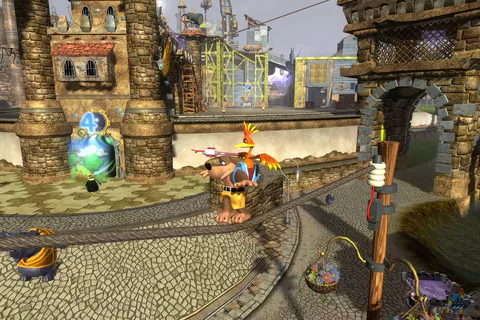 Banjo and Kazooie using the Magic Wrench on a rooftop route in Showdown Town.