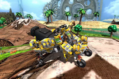 A yellow custom-built vehicle beside the volcano in Nutty Acres.