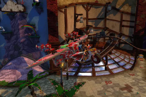 A red aircraft flying through the domed plant habitat in Terrarium of Terror.