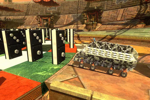 A vehicle carrying oversized dominoes in the Jiggosseum.
