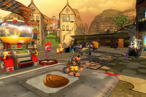 Banjo and Kazooie outside Mumbo's Motors in Showdown Town.