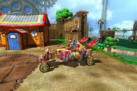 Banjo driving a red vehicle past farm buildings in Nutty Acres.